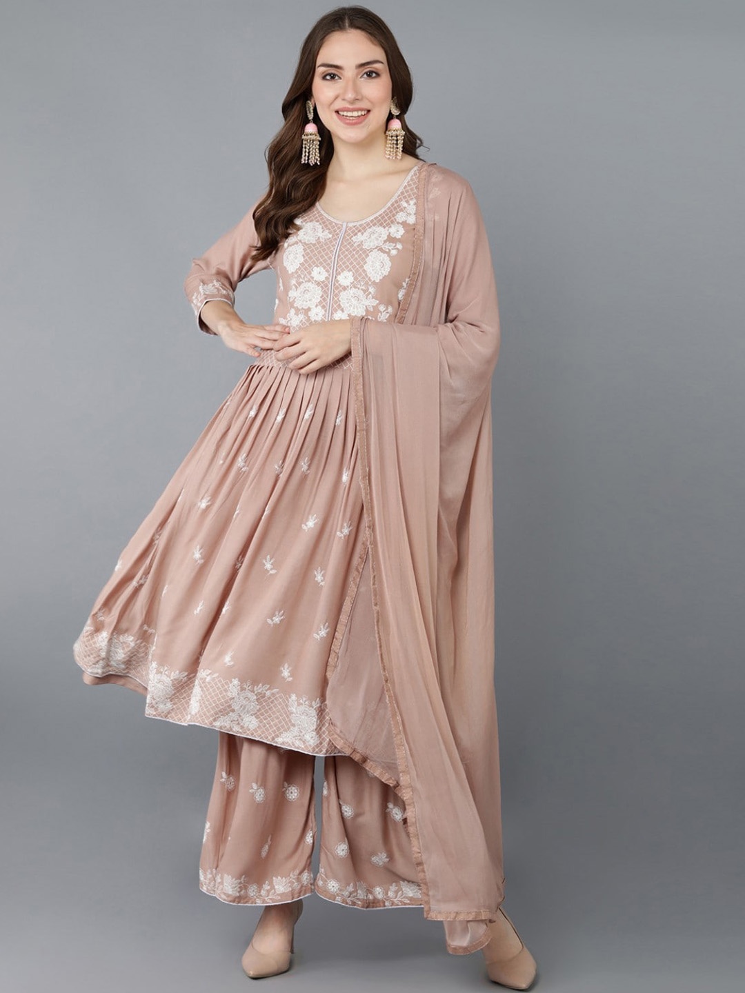 

AHIKA Ethnic Motifs Embroidered Regular Thread Work Kurta with Sharara & Dupatta, Beige