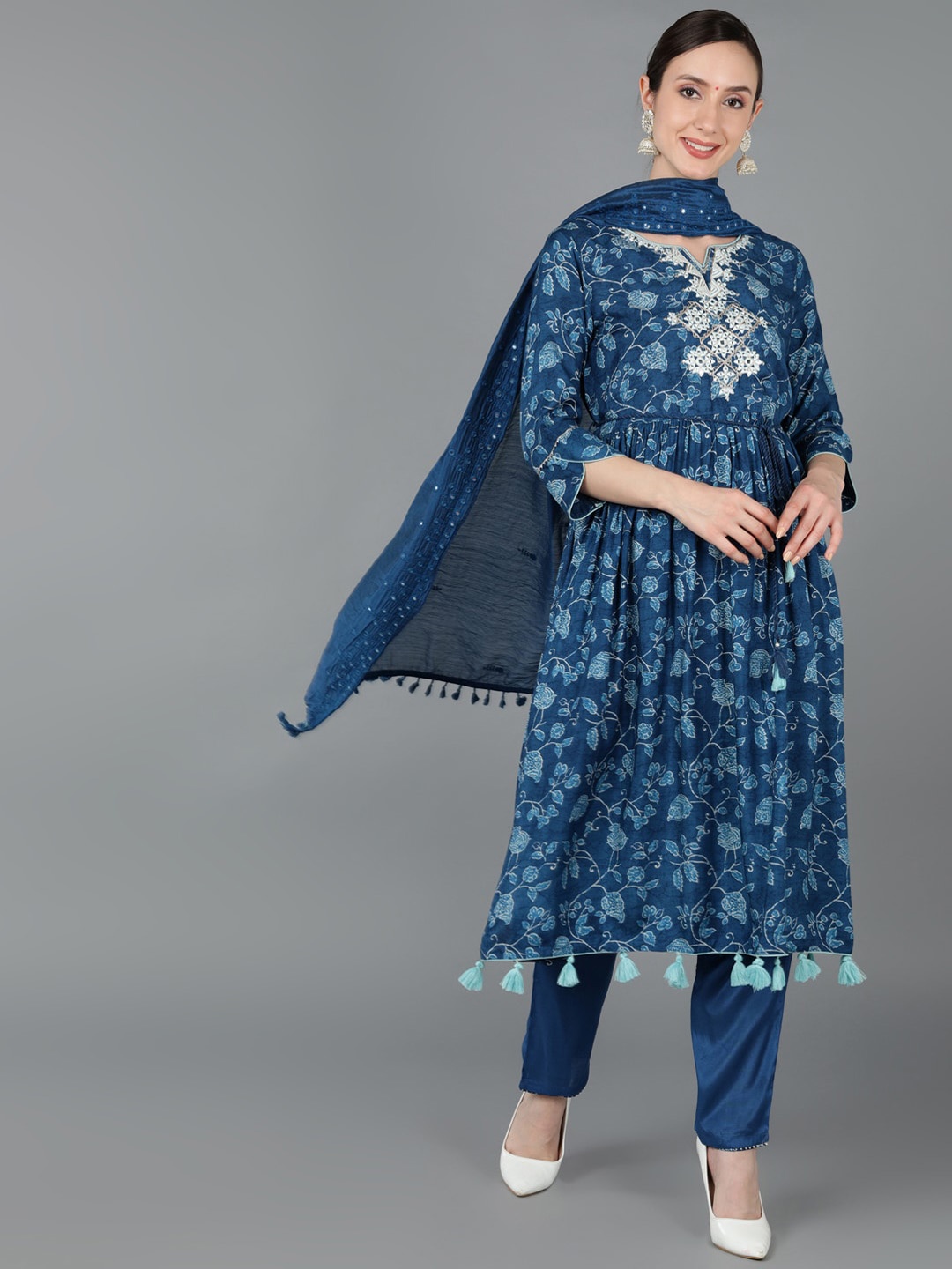 

AHIKA Floral Printed Pleated Mirror Work Kurta with Trousers & Dupatta, Blue