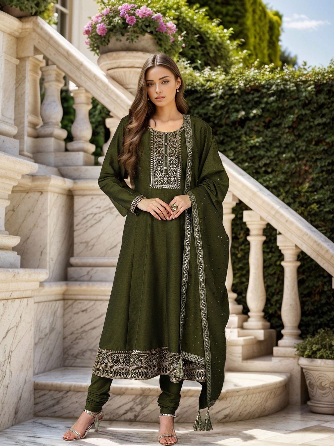 

AHIKA Floral Embroidered Empire Sequinned Kurta with Churidar & With Dupatta, Olive