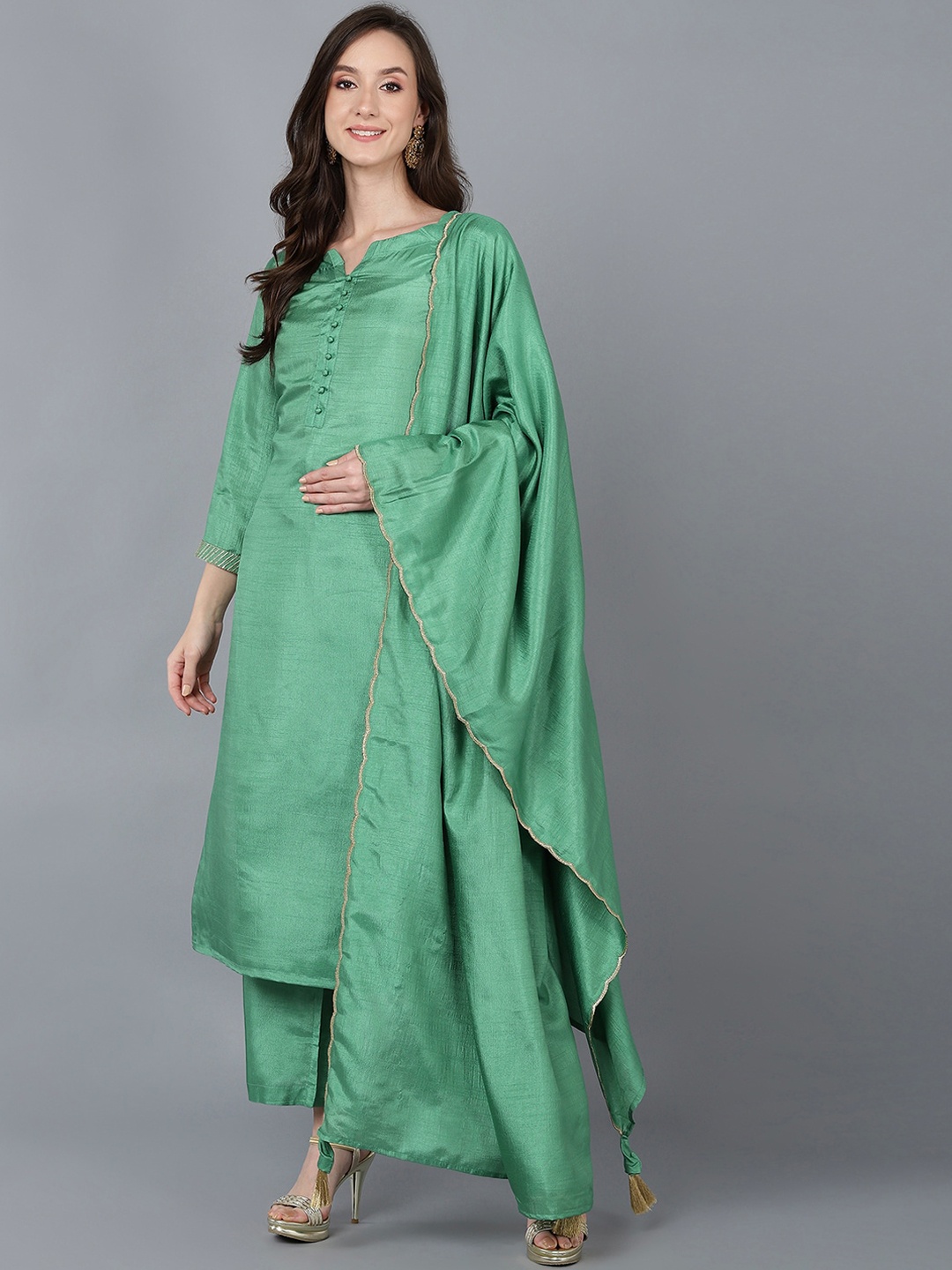 

AHIKA Regular Kurta with Trousers & With Dupatta, Green