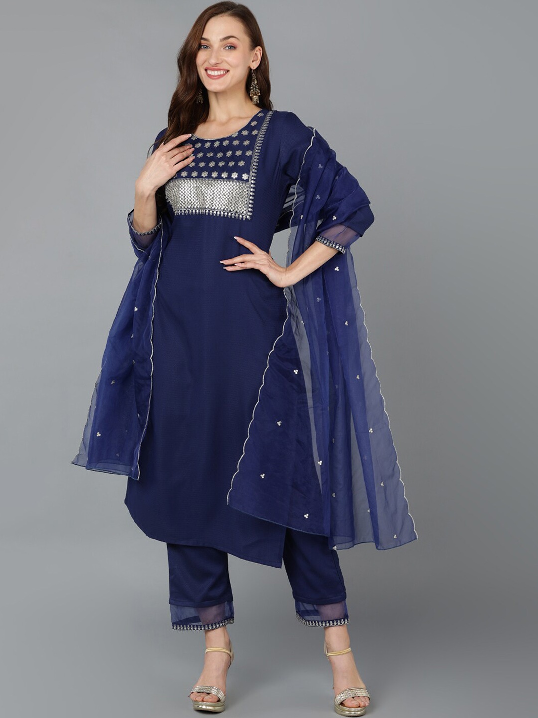 

AHIKA Ethnic Motifs Embroidered Regular Thread Work Kurta with Trousers & Dupatta, Navy blue