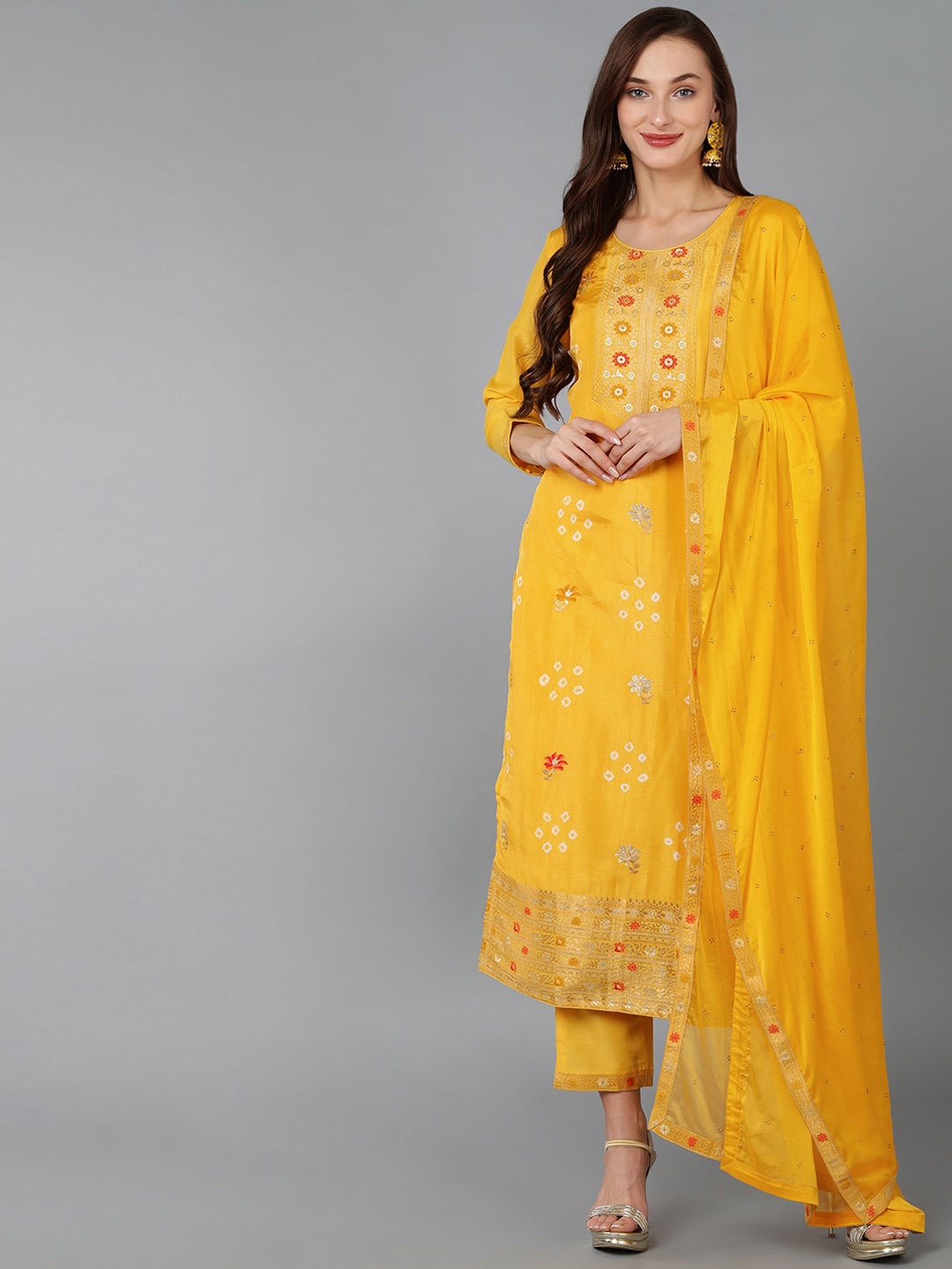 

AHIKA Bandhani Regular Kurta with Trousers & With Dupatta, Yellow