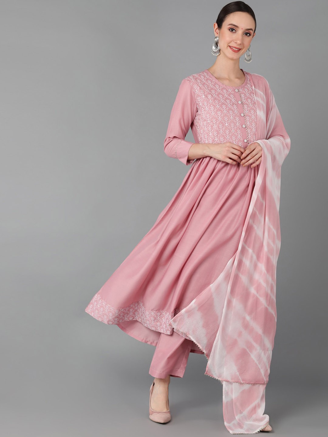

AHIKA Floral Embroidered Sequinned A-Line Kurta with Trousers & Dupatta, Mauve