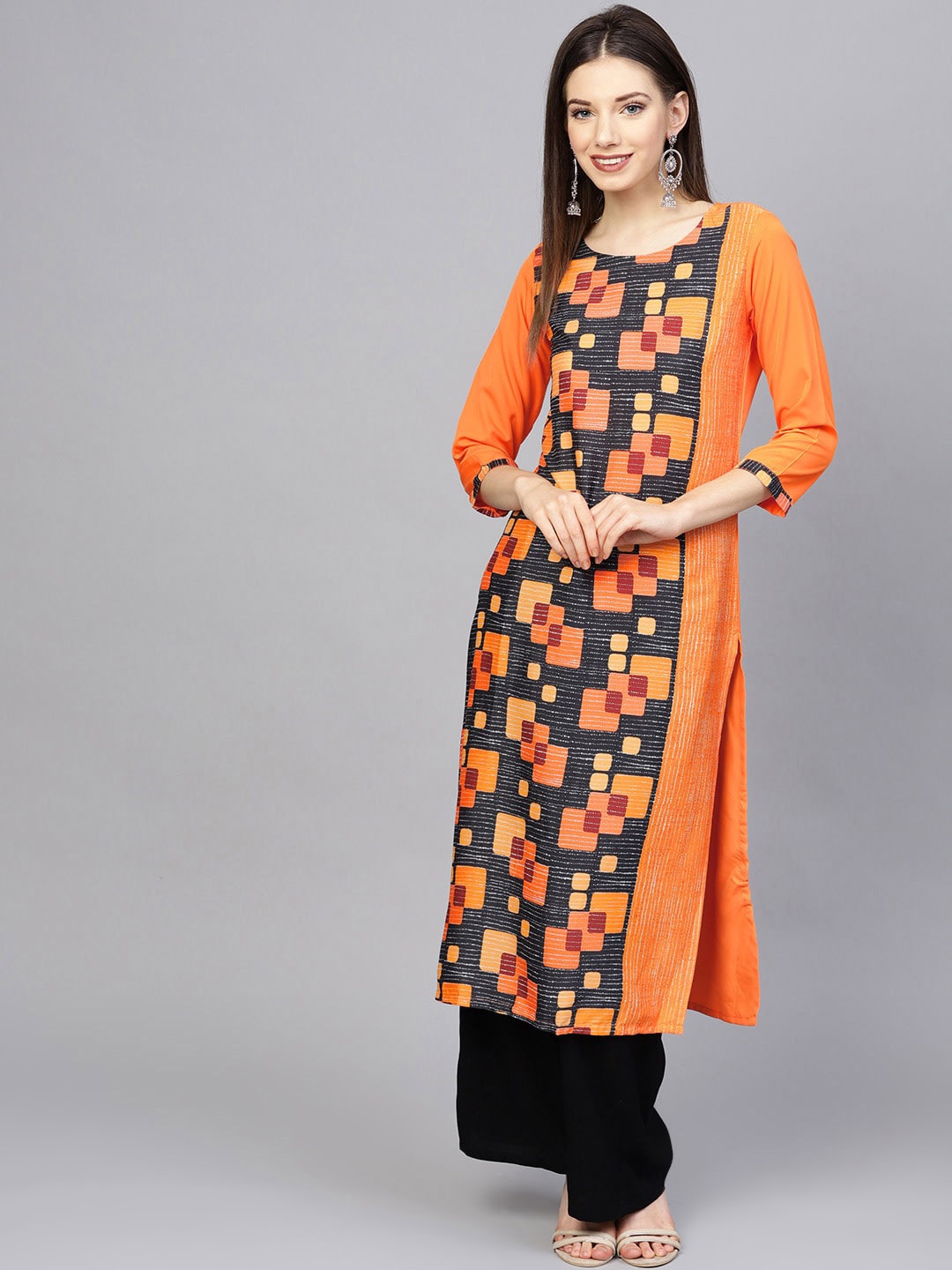 

AHIKA Orange Coloured Geometric Printed Round Neck Straight Kurta