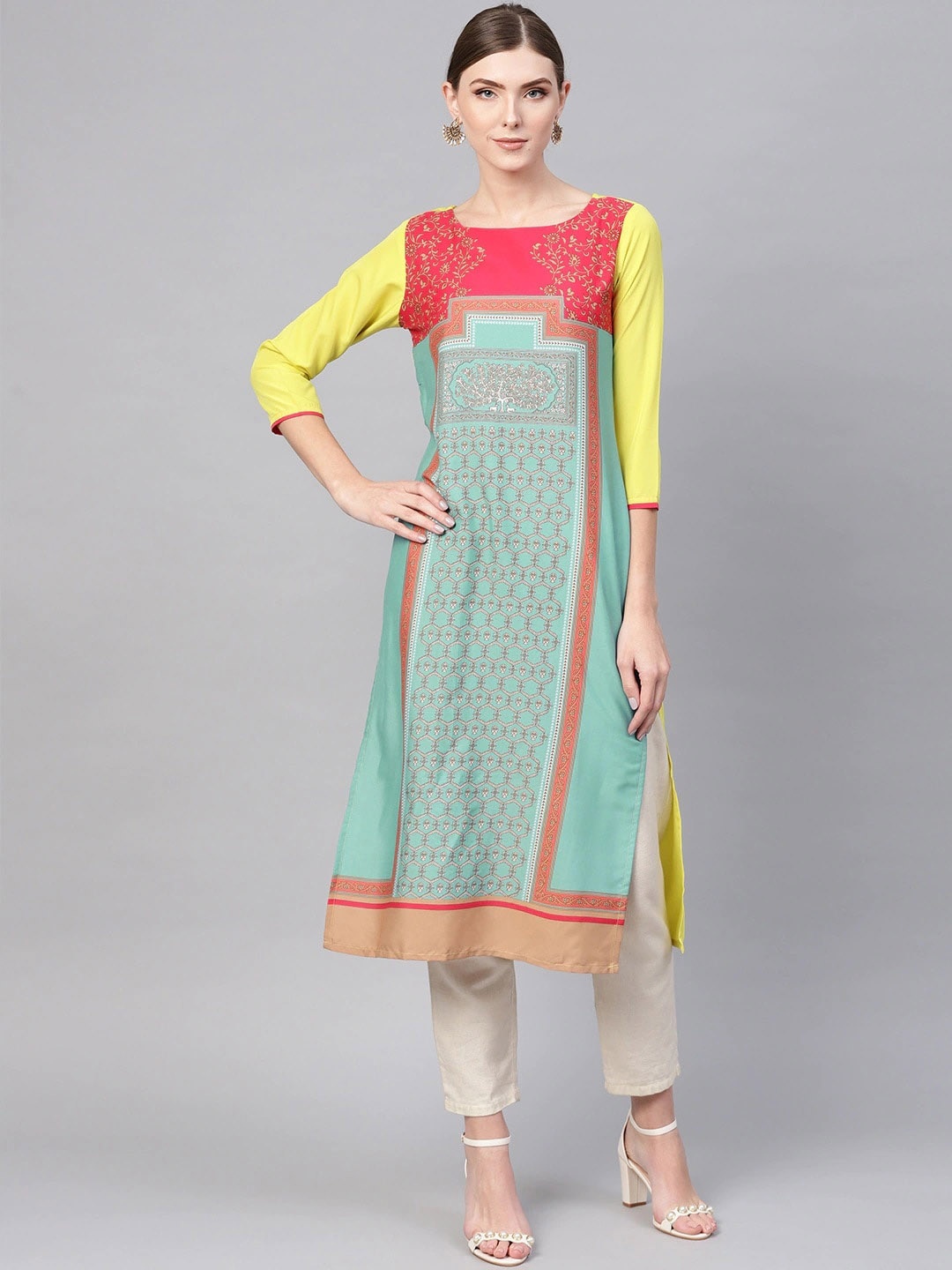 

AHIKA Sea Green Ethnic Motifs Printed Round Neck Straight A-Line Kurta