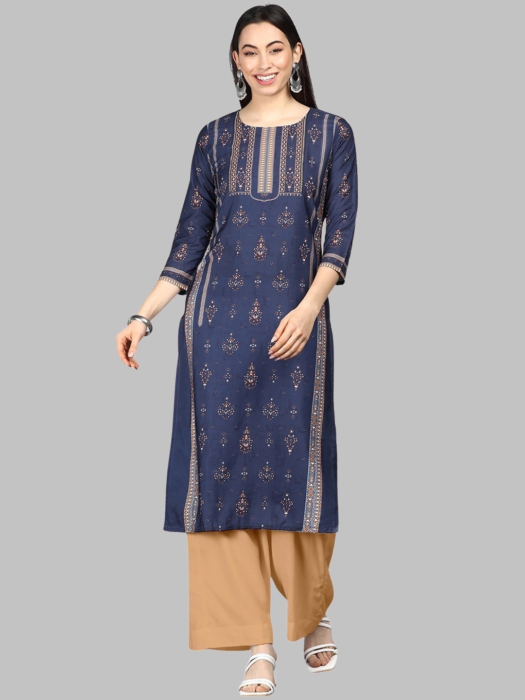 

AHIKA Navy Blue Ethnic Motifs Printed Round Neck Sequinned Straight A-Line Kurta