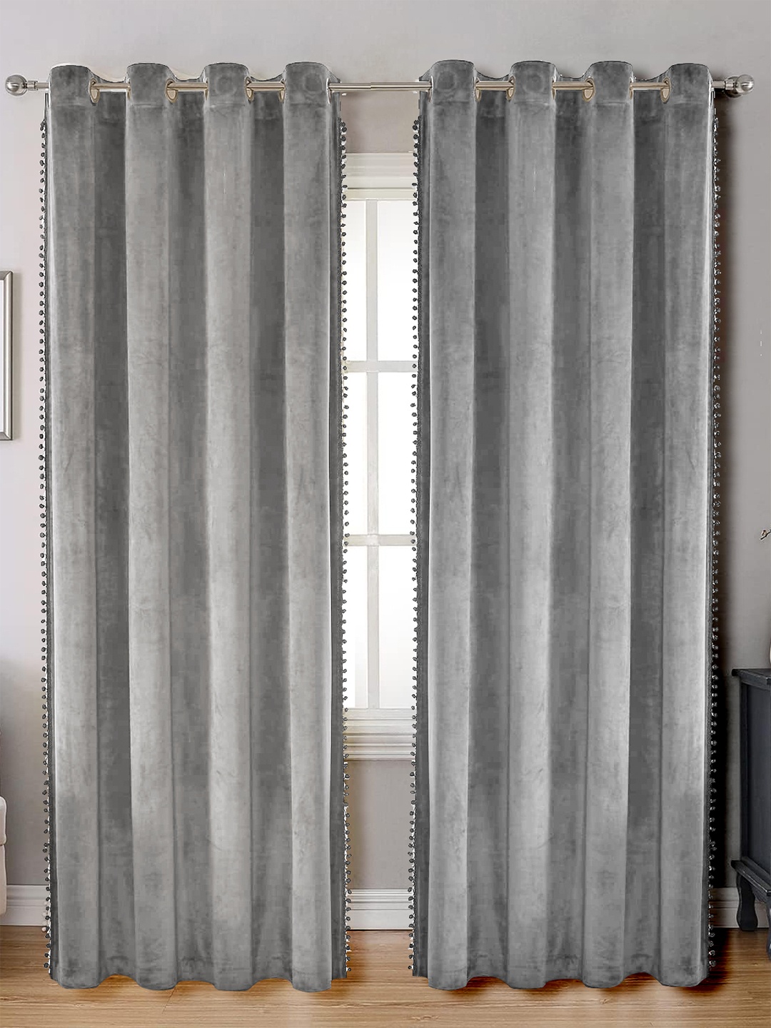 

STITCHNEST Grey 2 Pcs Black Out Velvet Window Curtain