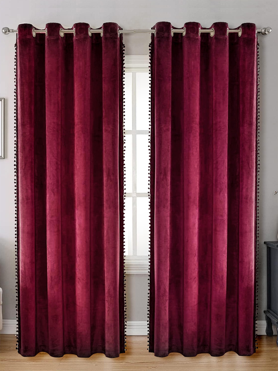 

STITCHNEST Maroon 2 Pcs Black Out Velvet Window Curtain