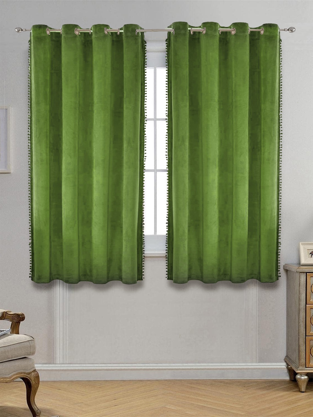 

STITCHNEST Olive Green 2 Pcs Black Out Velvet Window Curtain