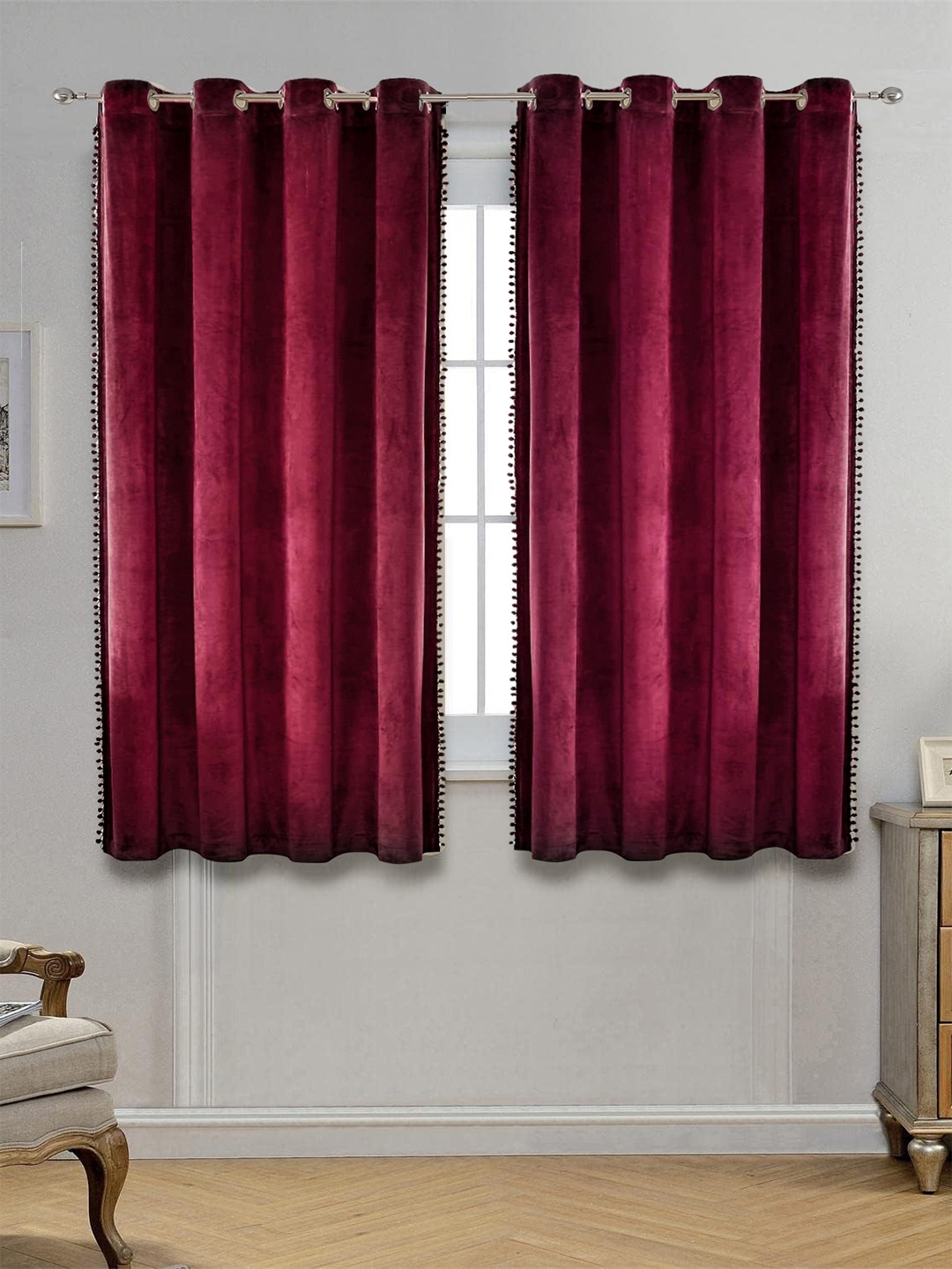 

STITCHNEST Maroon 2 Pcs Black Out Velvet Window Curtain