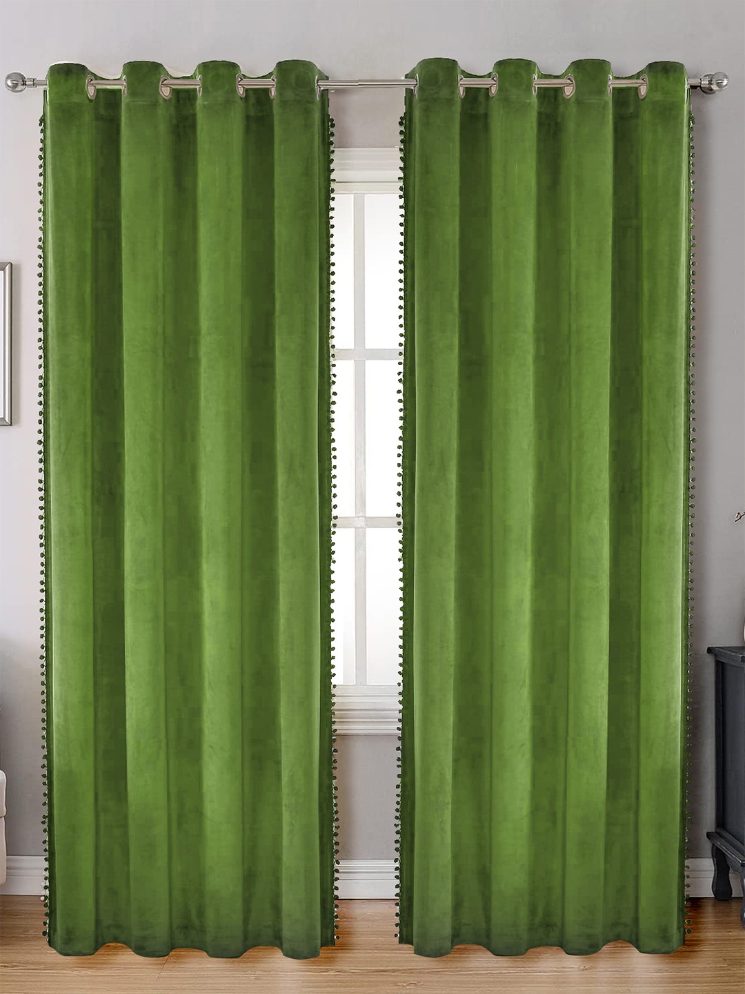 

STITCHNEST Olive Green Velvet Black Out Window Curtain