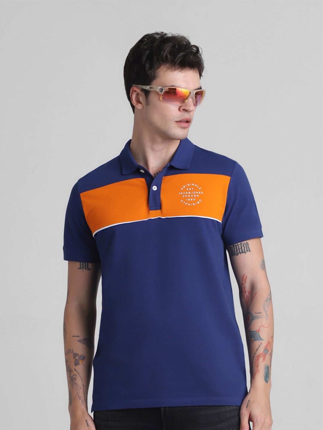 

Jack & Jones Colourblocked Cotton Polo Collar Short Sleeves Applique Slim Fit T-shirt, Navy blue