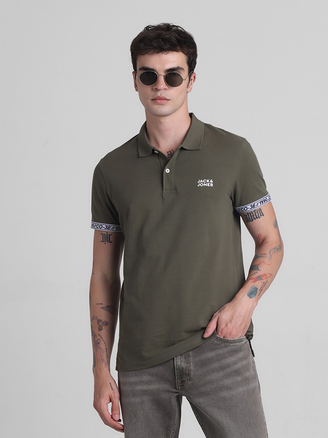 

Jack & Jones Cotton Polo Collar Short Sleeves Applique Slim Fit Casual T-shirt, Green