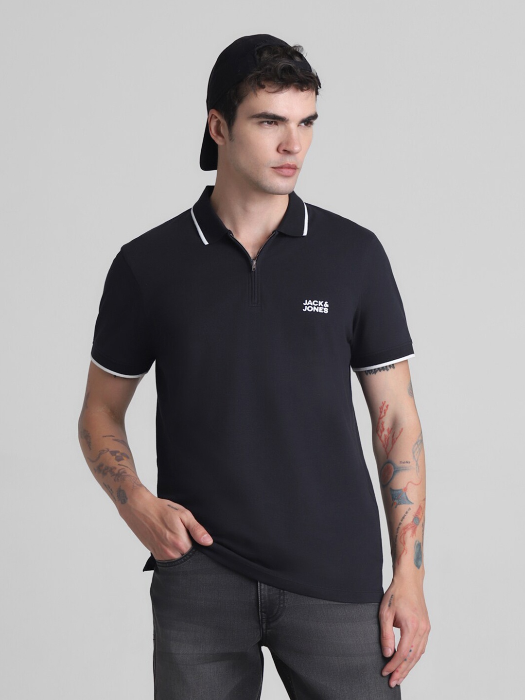 

Jack & Jones Cotton Polo Collar Short Sleeves Applique Slim Fit Casual T-shirt, Black