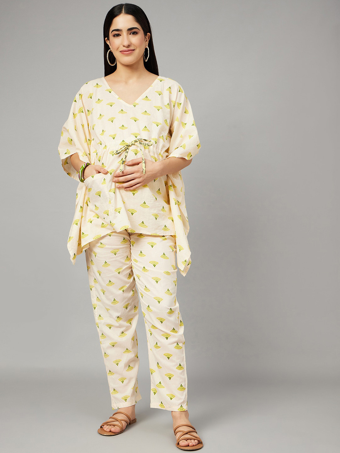 

Aaheli Printed Maternity Kaftan Top & Mid-Rise Trousers, Cream