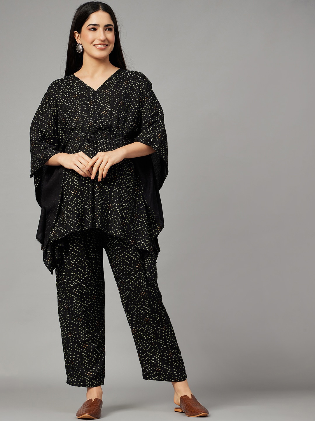 

Aaheli Printed Maternity Kaftan Top & Mid-Rise Trousers, Black