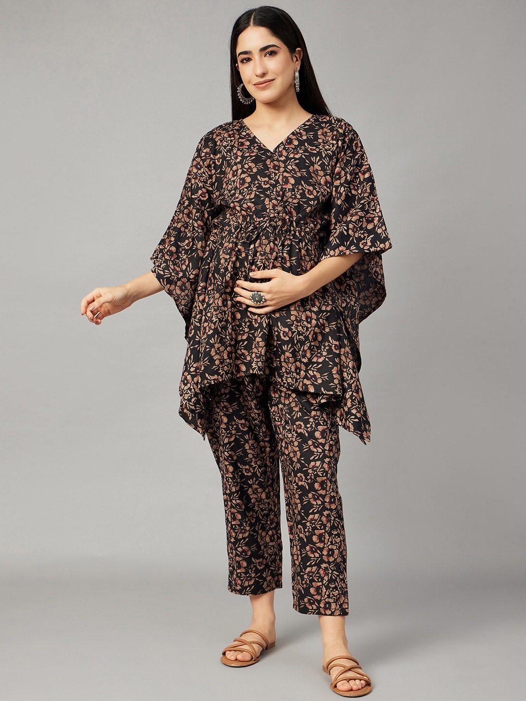 

Aaheli Printed Maternity Kaftan Top & Mid-Rise Trousers, Black