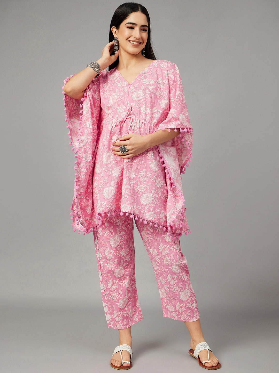 

Aaheli Printed Maternity Kaftan Top & Mid-Rise Trousers, Pink