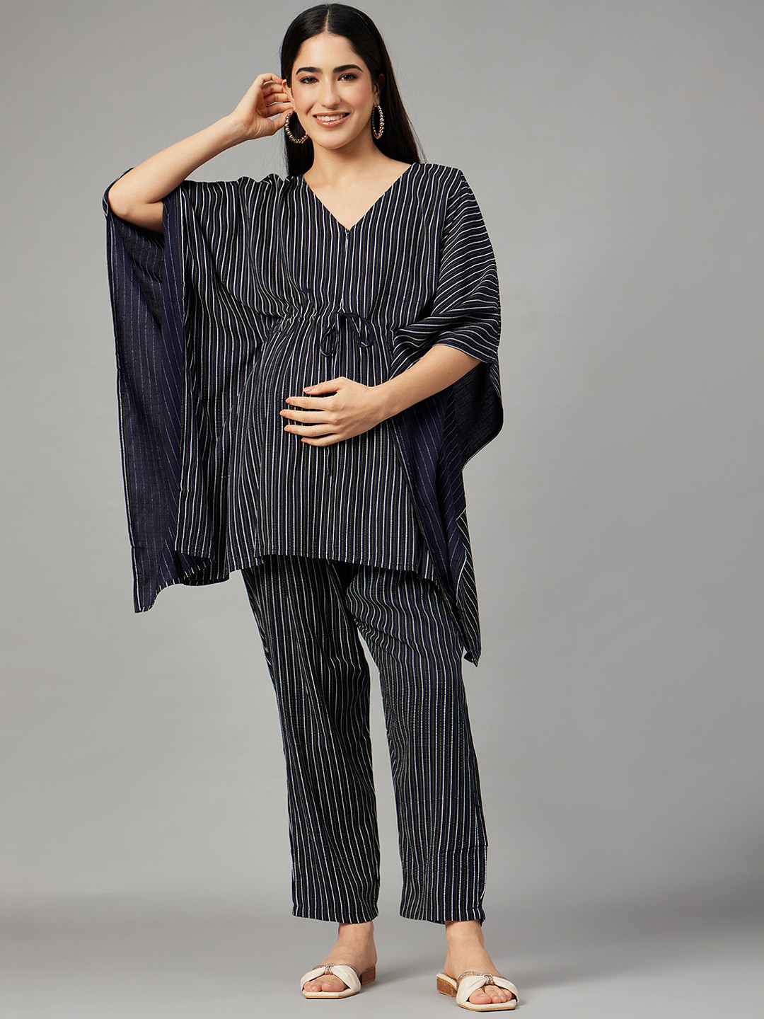 

Aaheli Striped Maternity Kaftan Top & Mid-Rise Trousers, Navy blue