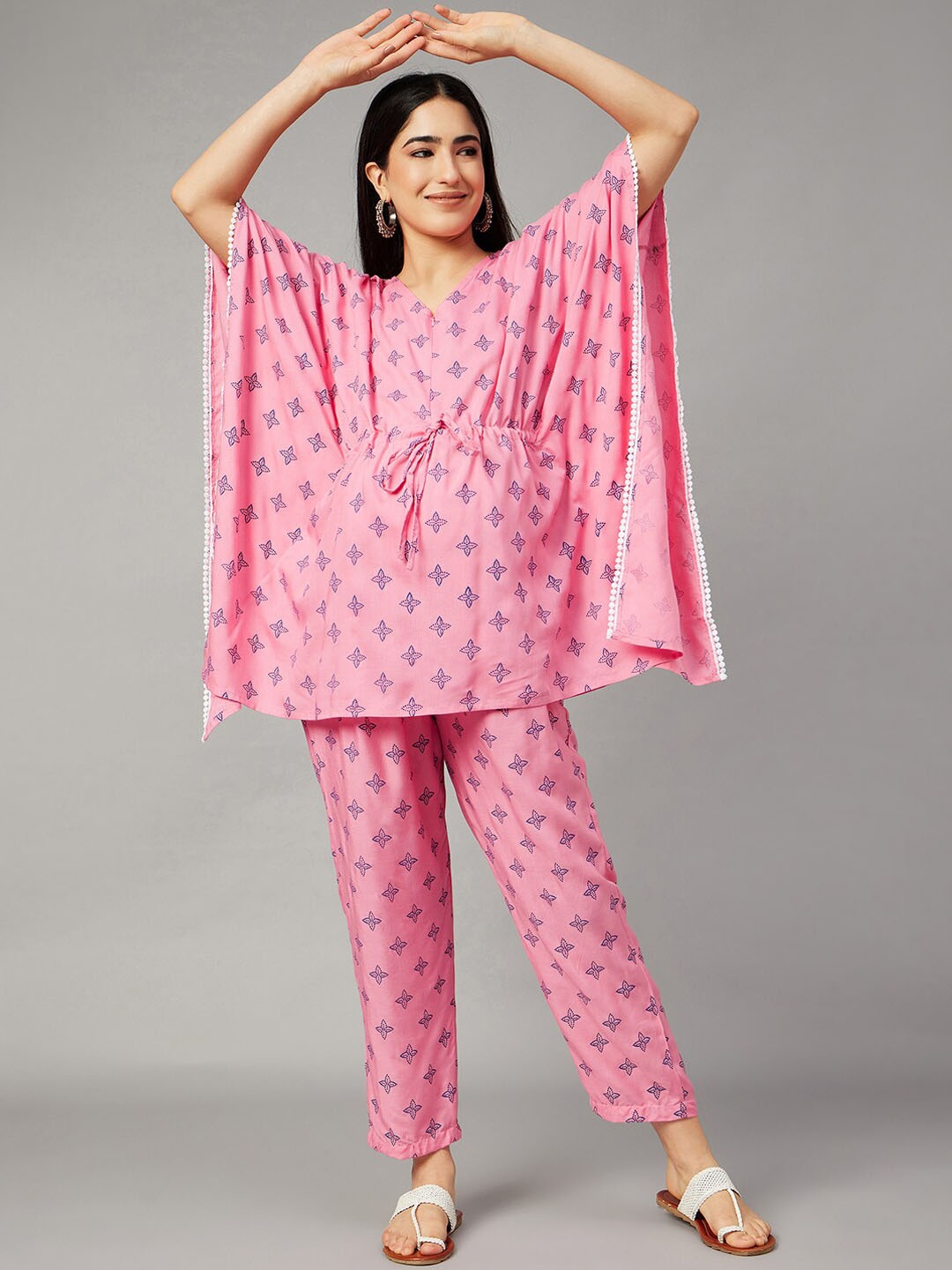 

Aaheli Printed Maternity Kaftan Top & Mid-Rise Trousers, Pink