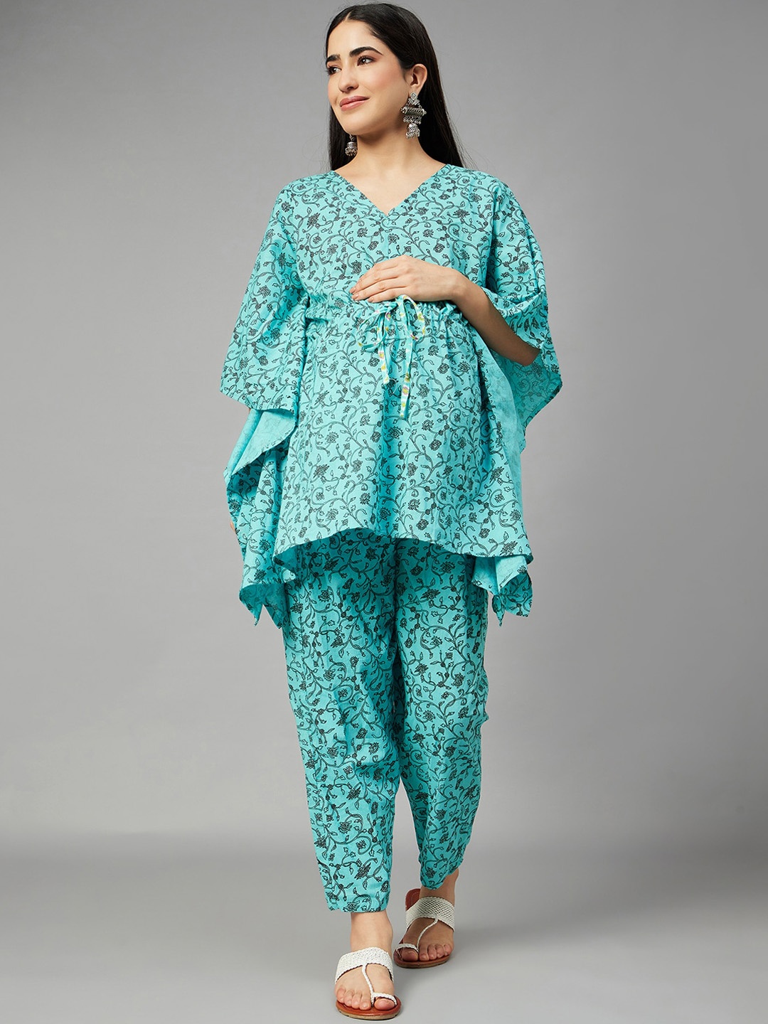 

Aaheli Floral Printed Maternity Kaftan Top & Trouser Co-Ords, Turquoise blue