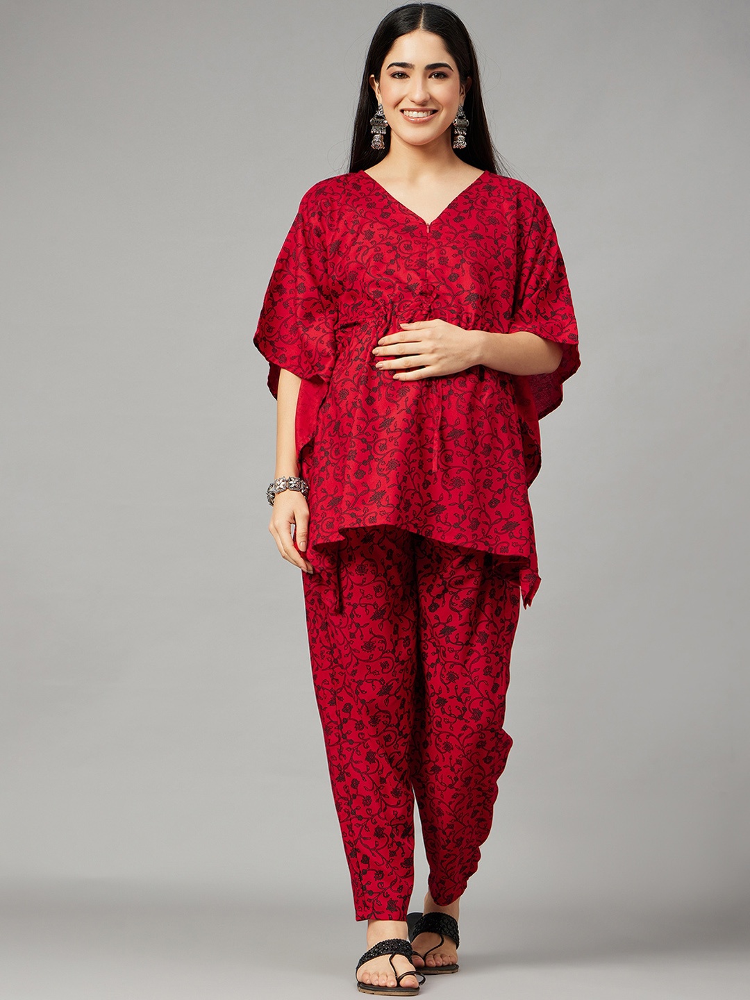 

Aaheli Printed Maternity Kaftan Top & Mid-Rise Trousers, Red