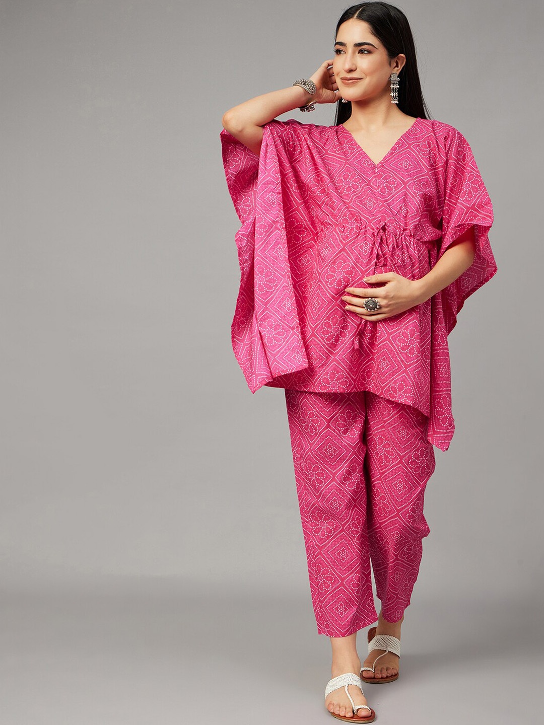 

Aaheli Printed Maternity Kaftan Top & Mid-Rise Trousers, Pink