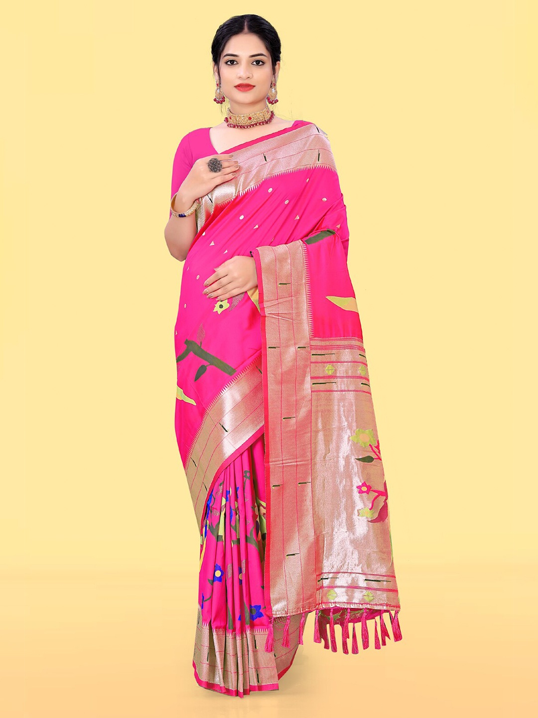 

RAJ DHARMA SILK Polka Dots Woven Design Zari Paithani Saree, Pink