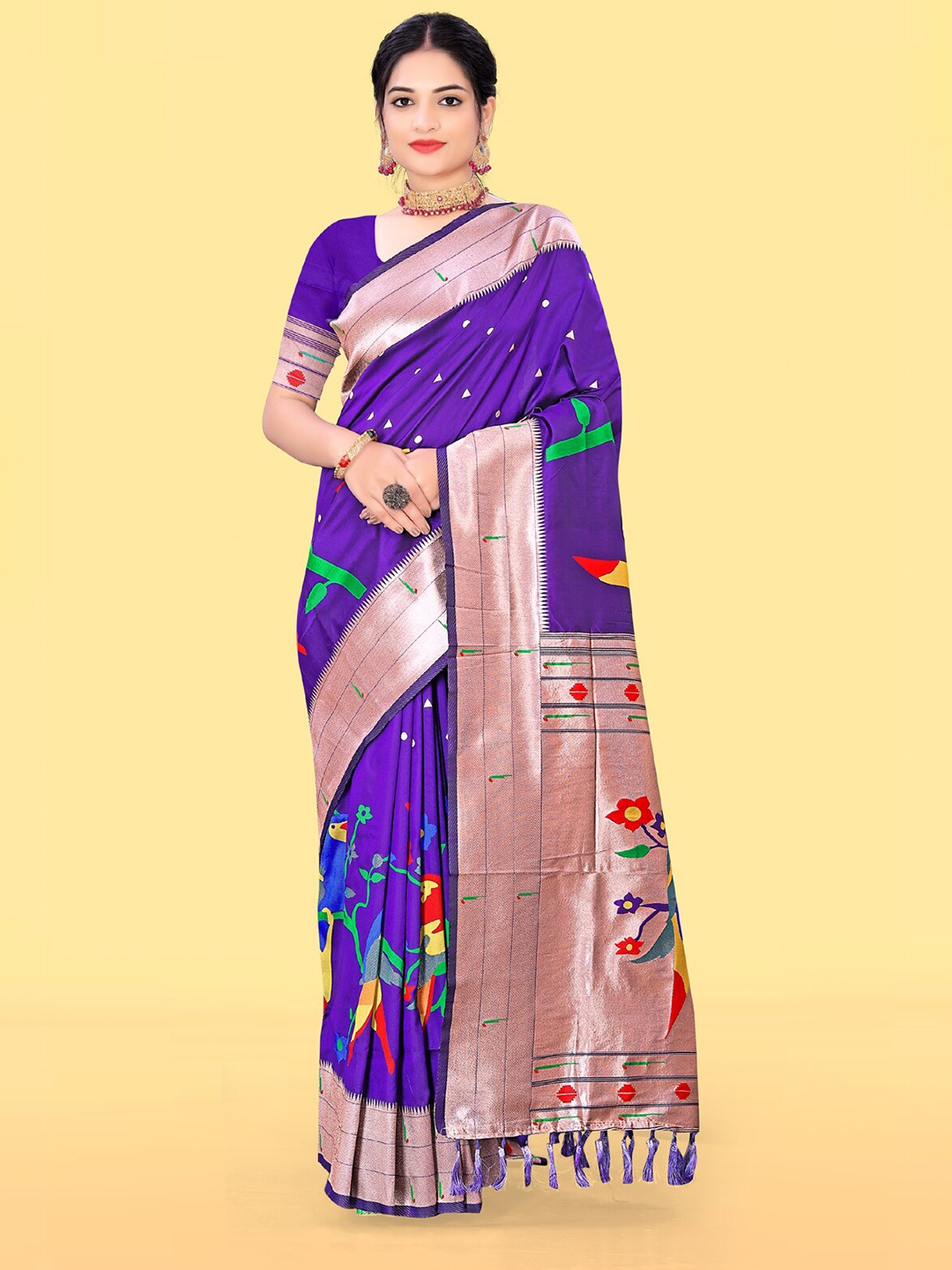 

RAJ DHARMA SILK Polka Dots Woven Design Zari Paithani Saree, Violet