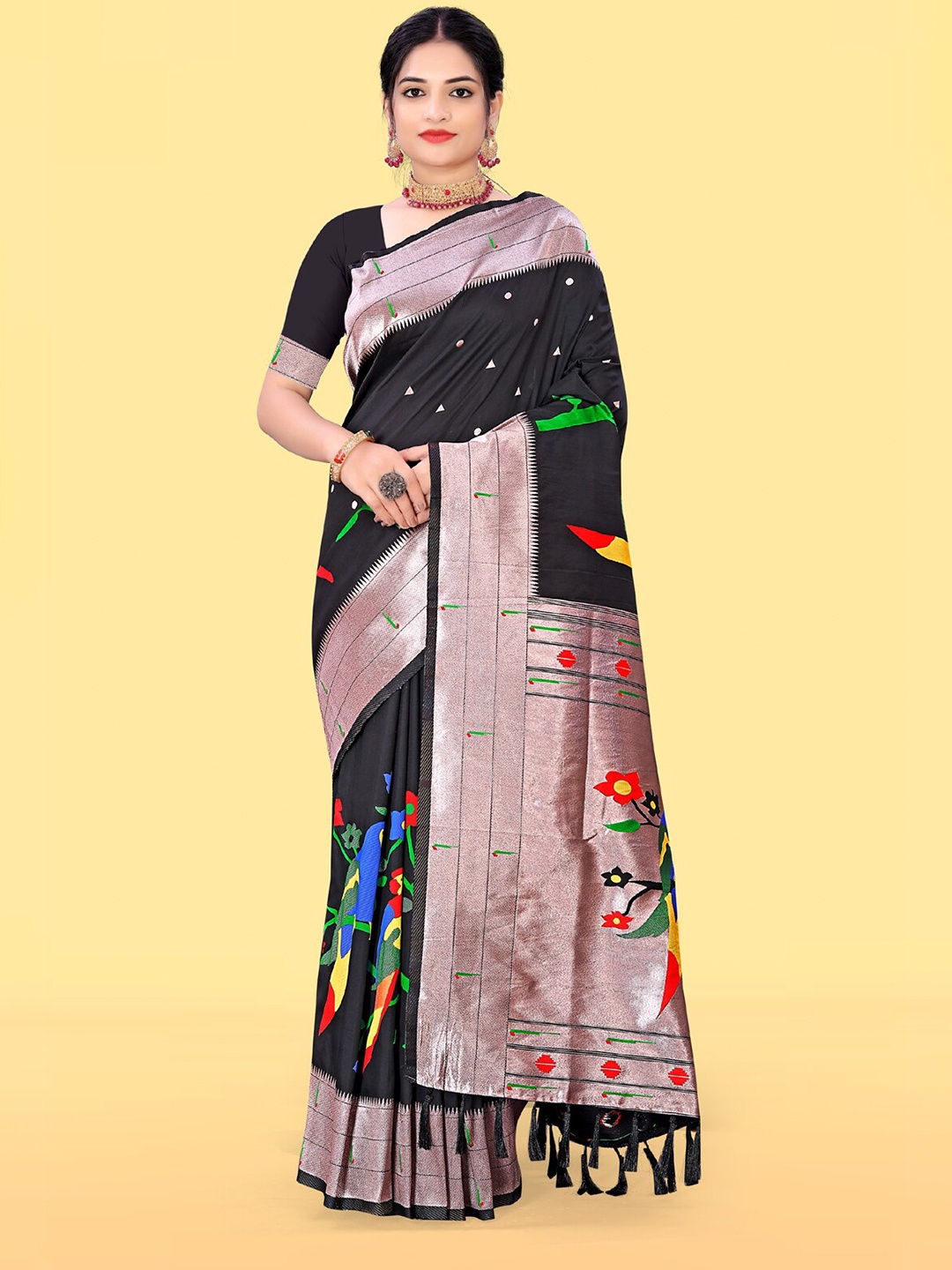 

RAJ DHARMA SILK Ethnic Motifs Woven Design Zari Paithani Saree, Black