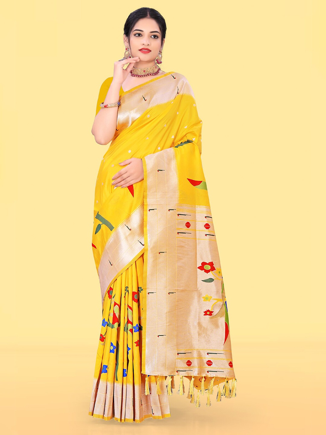 

RAJ DHARMA SILK Polka Dots Woven Design Zari Paithani Saree, Yellow