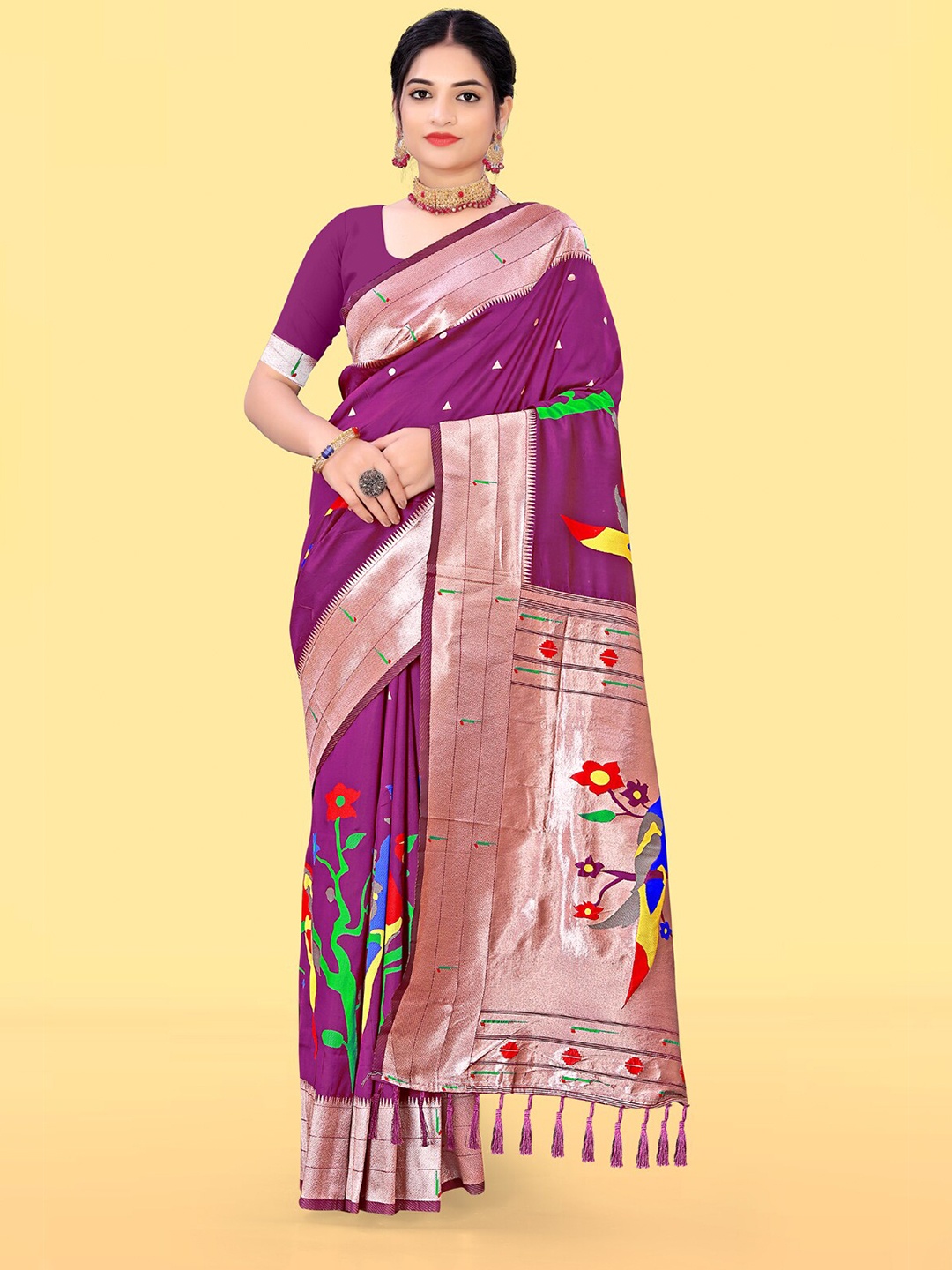 

RAJ DHARMA SILK Ethnic Motifs Woven Design Zari Silk Blend Paithani Saree, Purple
