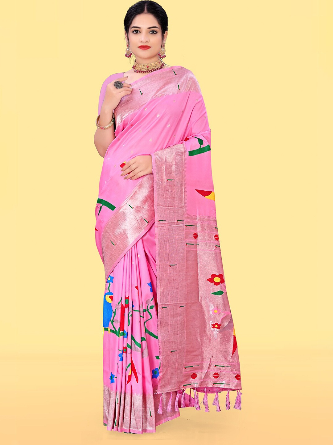 

RAJ DHARMA SILK Woven Design Zari Silk Blend Paithani Saree, Pink