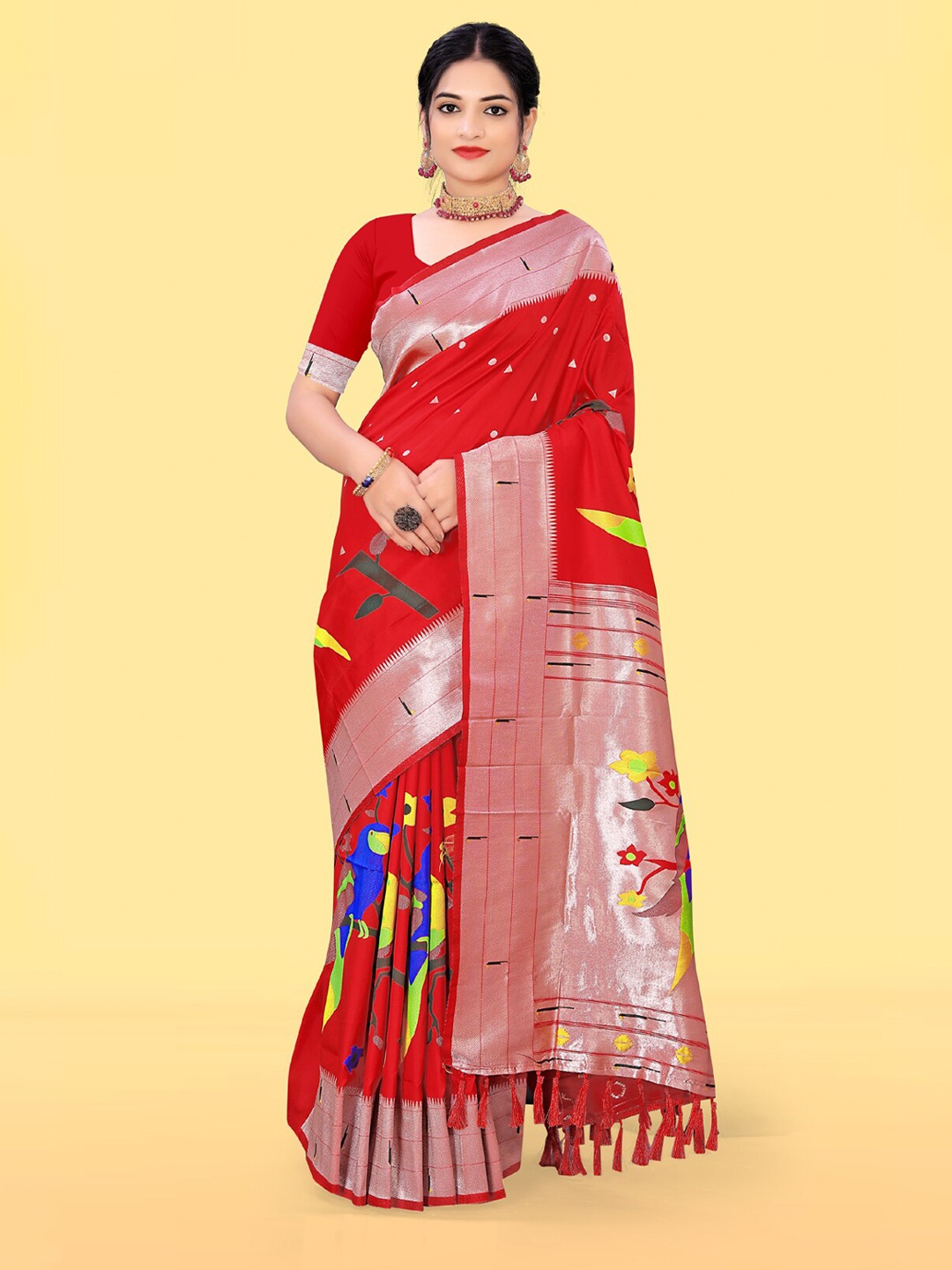 

RAJ DHARMA SILK Polka Dots Woven Design Zari Paithani Saree, Red