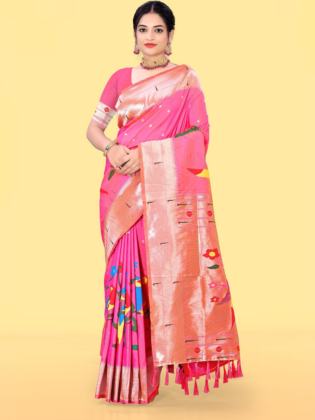 

RAJ DHARMA SILK Polka Dots Woven Design Zari Paithani Saree, Pink
