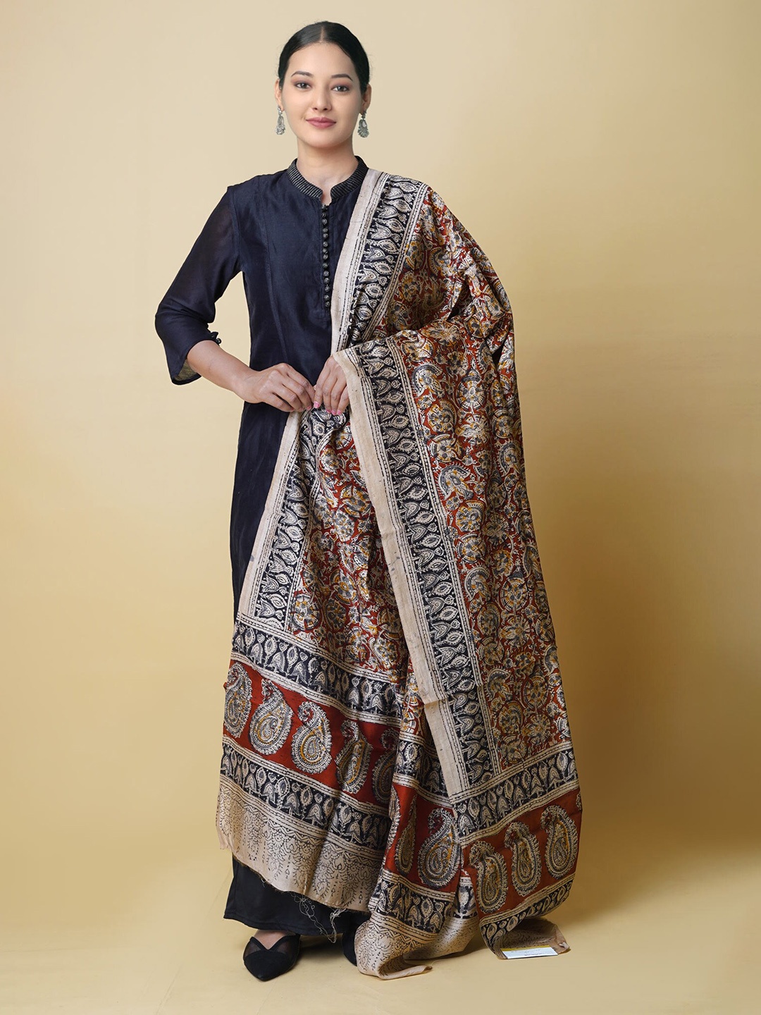 

Unnati Silks Ethnic Motifs Printed Pure Silk Kalamkari Dupatta, Cream