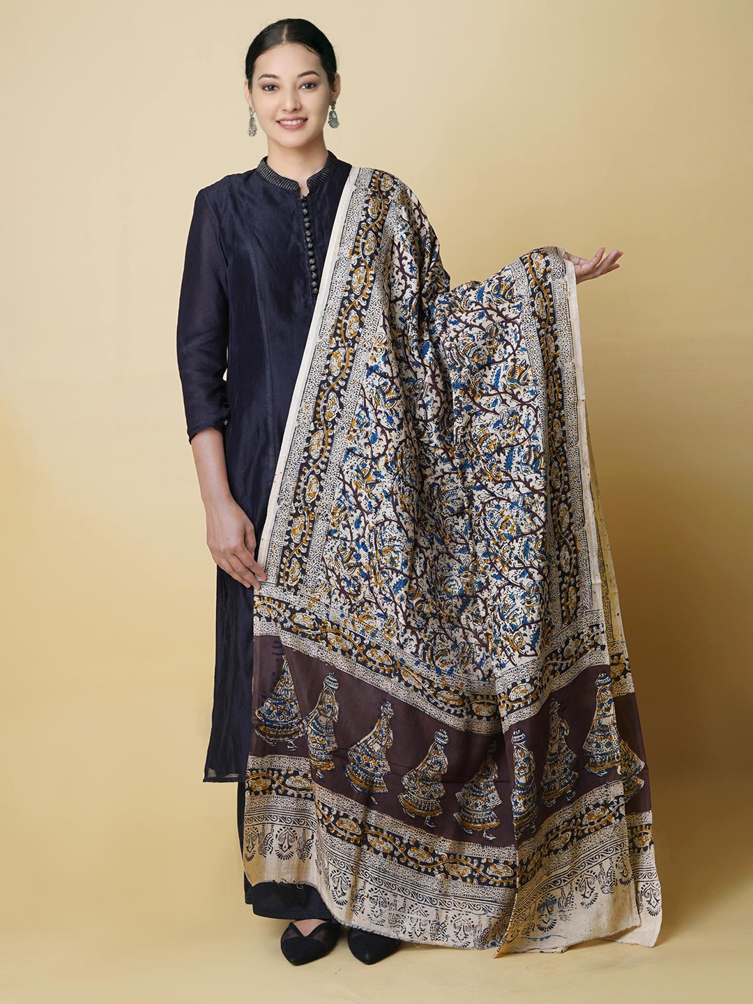 

Unnati Silks Ethnic Motifs Printed Pure Silk Kalamkari Dupatta, Beige