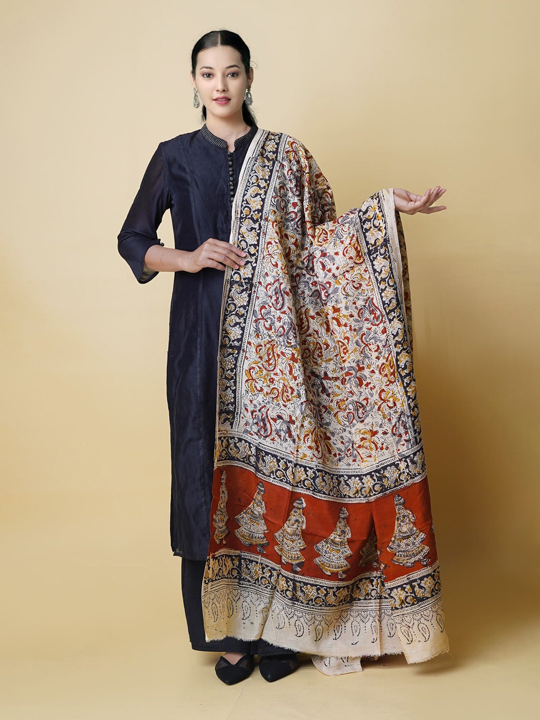 

Unnati Silks Ethnic Motifs Printed Pure Silk Kalamkari Dupatta, Brown