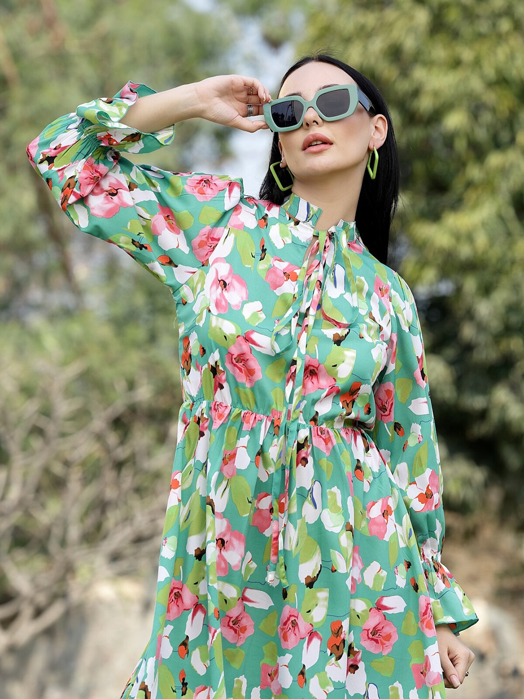 

plusS Floral Print Tie-Up Neck Bell Sleeves Fit & Flare Dress, Green