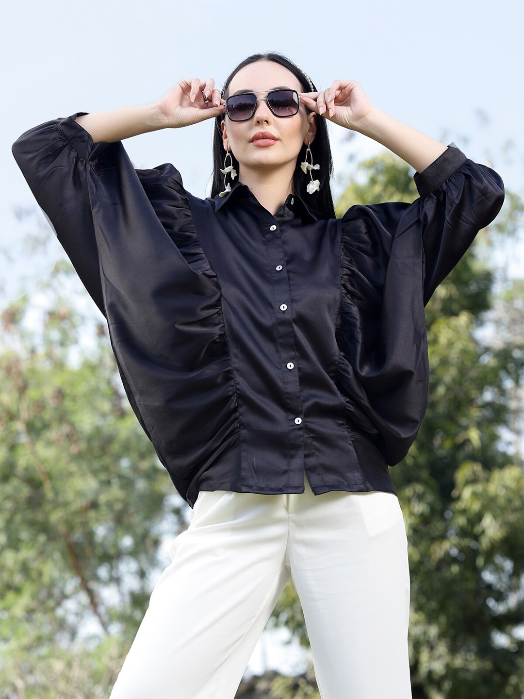 

plusS Black Spread Collar Opaque Casual Shirt