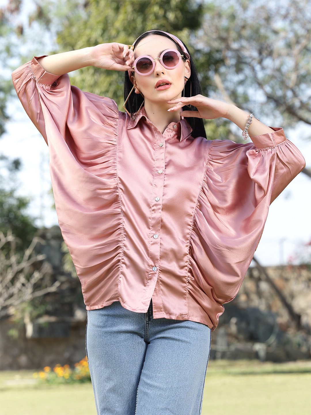 

plusS Pink Spread Collar Kimono Sleeves Opaque Casual Shirt