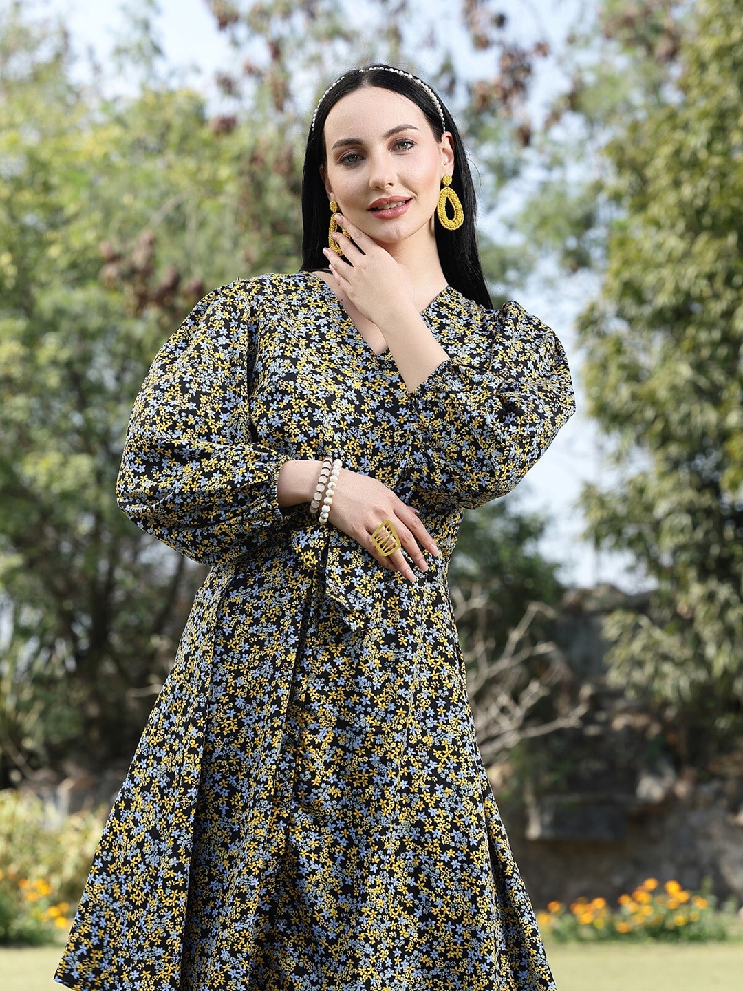 

plusS Animal Print V Neck Puff Sleeve Fit & Flare Dress, Black