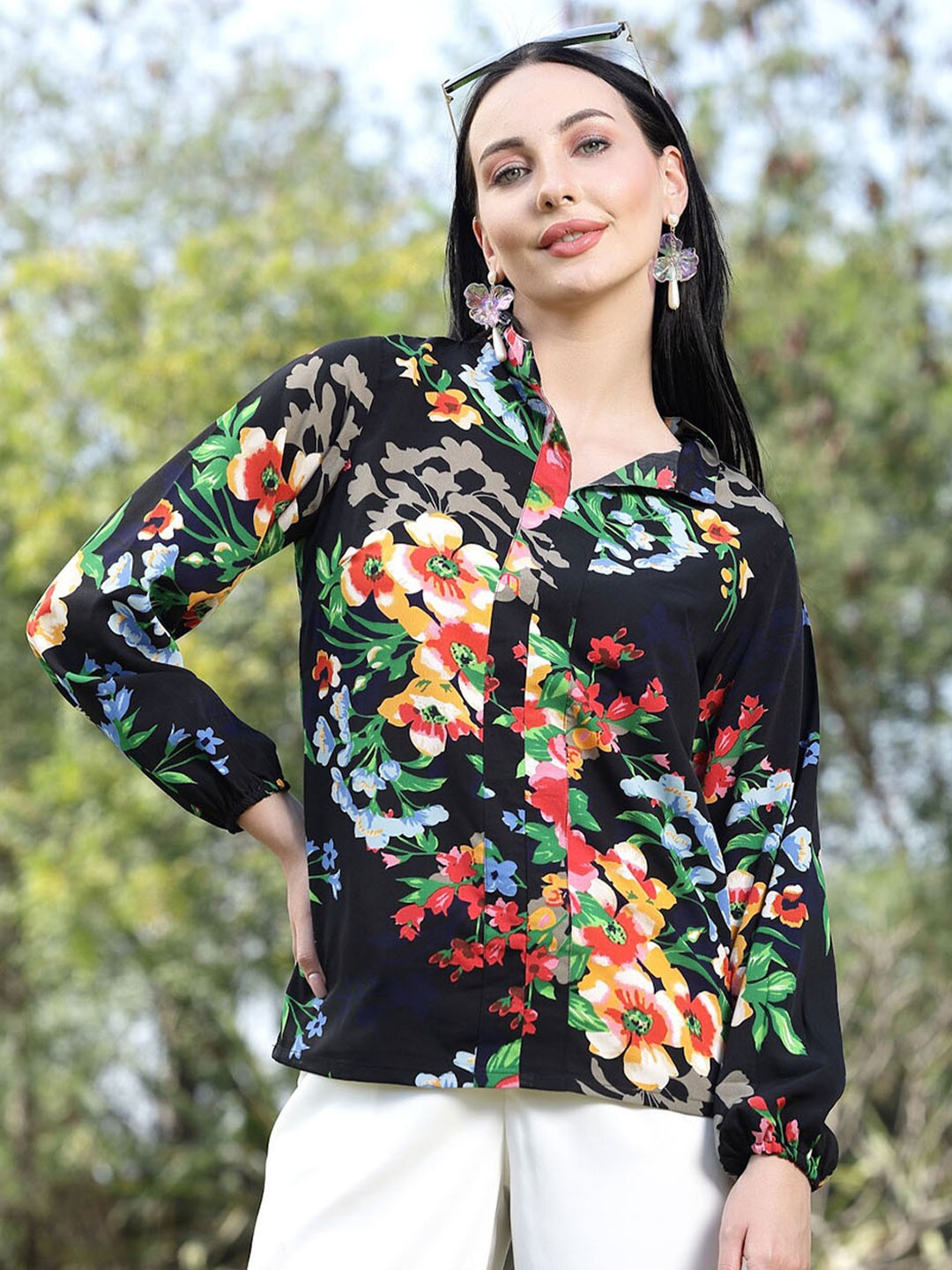 

plusS Black Floral Printed Mandarin Collar Cuffed Sleeves Shirt Style Top