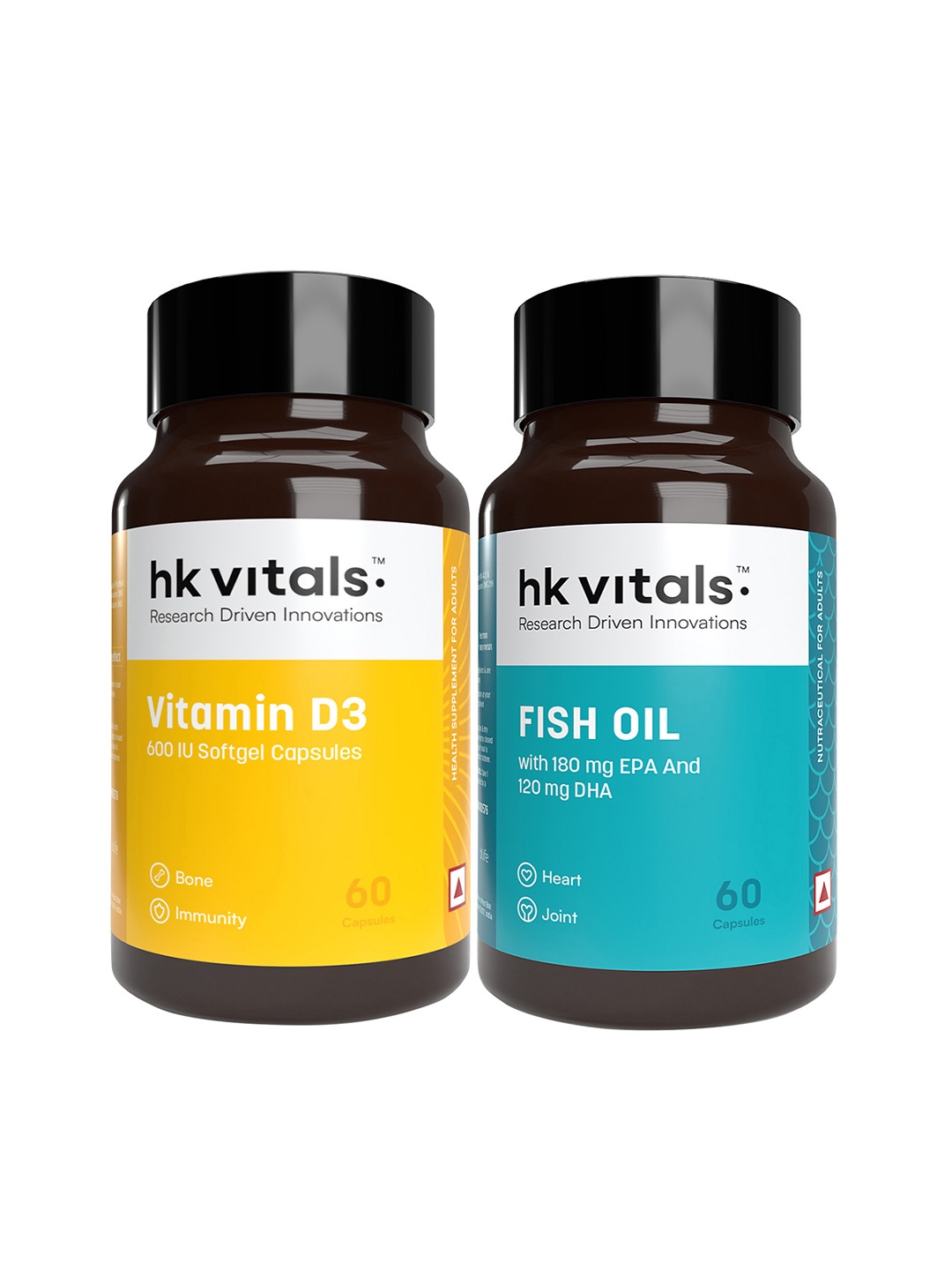 

HK VITALS Vitamin D3 Capsules & Fish Oil 1000mg Capsules - 60 Capsules Each, White