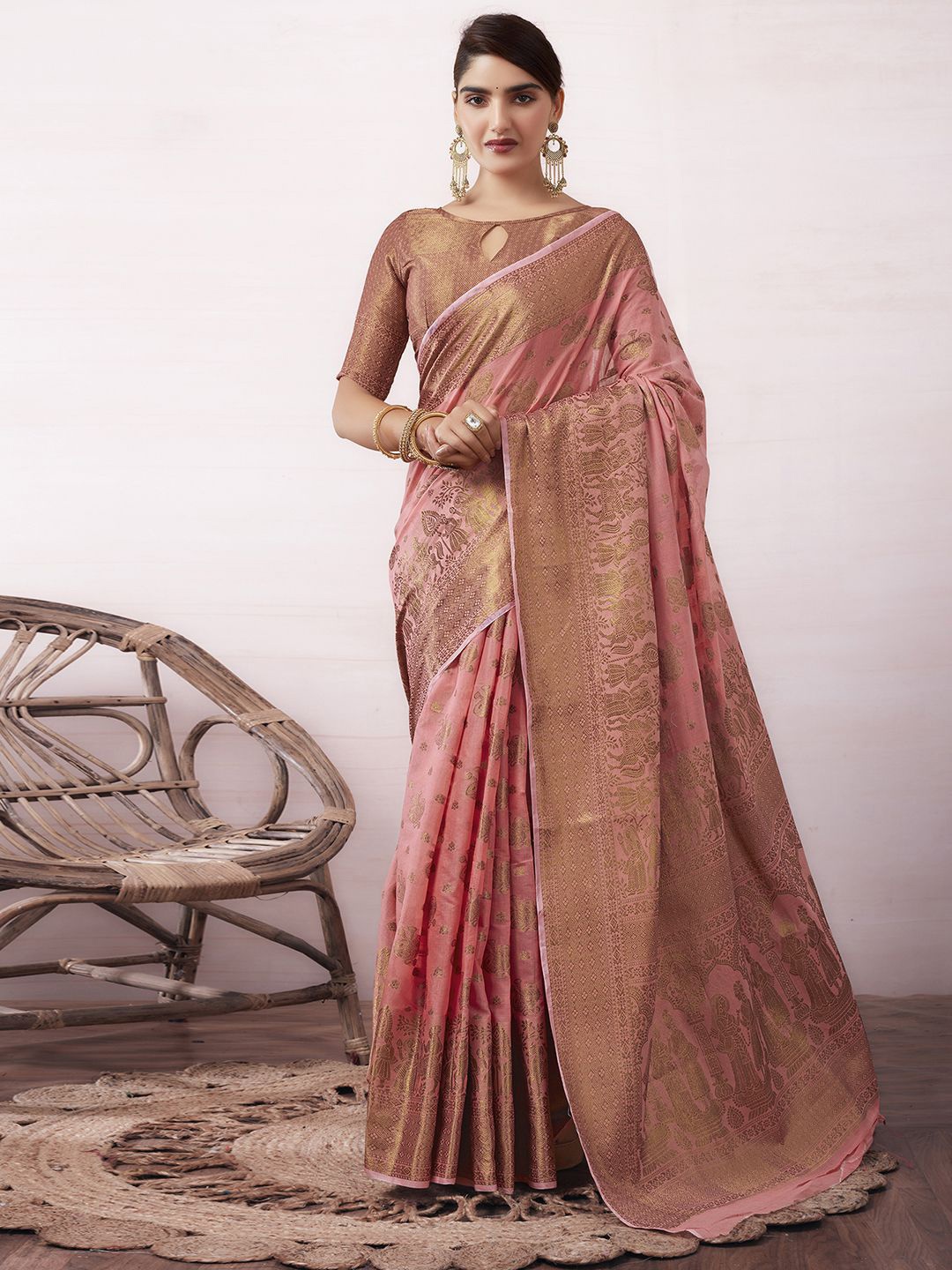 Mitera Ethnic Motifs Woven Design Zari Silk Cotton Banarasi Saree, Pink