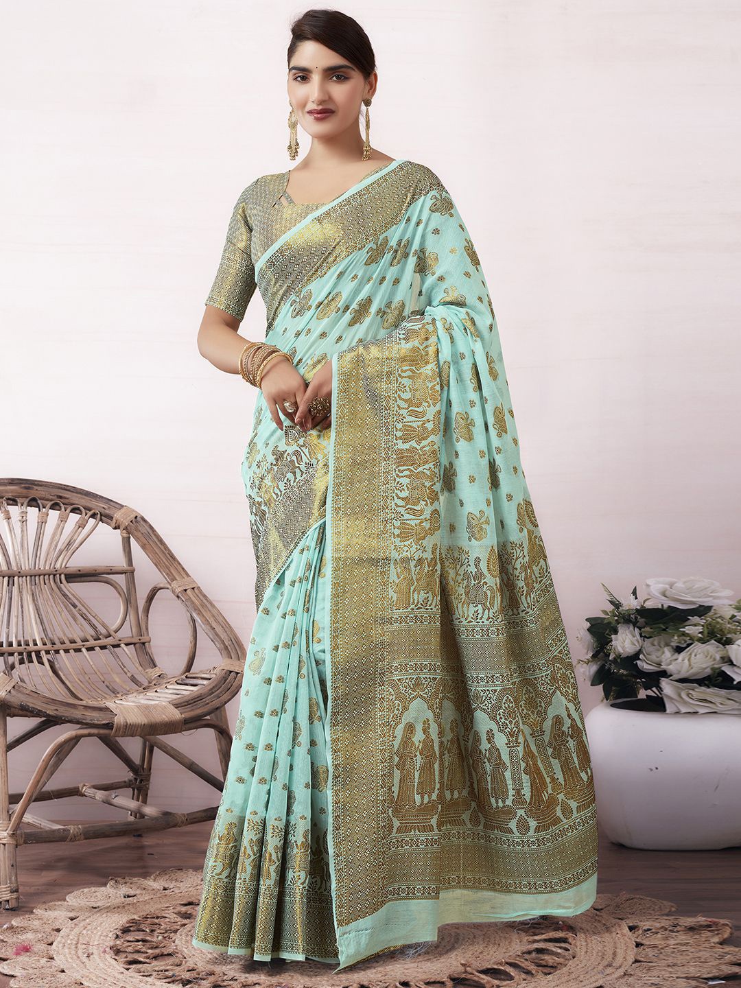 

Mitera Blue Ethnic Motifs Woven Design Zari Silk Cotton Banarasi Saree