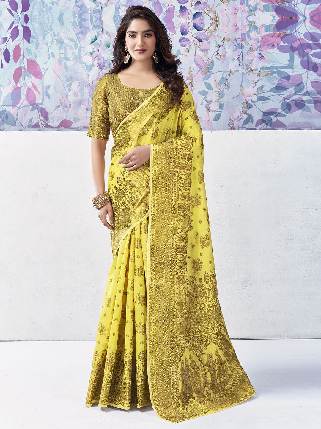 

Mitera Yellow Floral Woven Design Silk Cotton Banarasi Saree