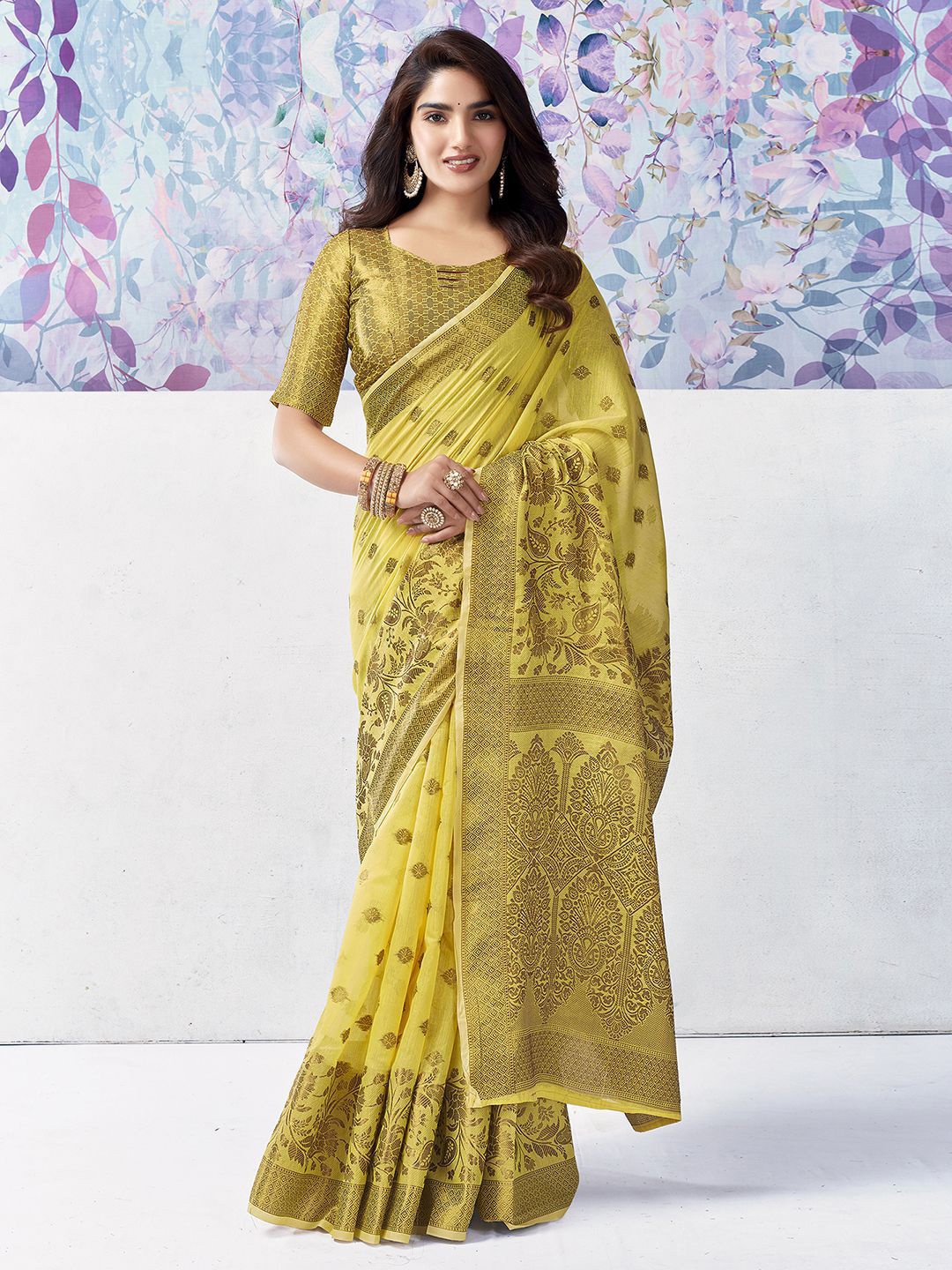 

Mitera Ethnic Motifs Woven Design Zari Silk Cotton Banarasi Saree, Yellow