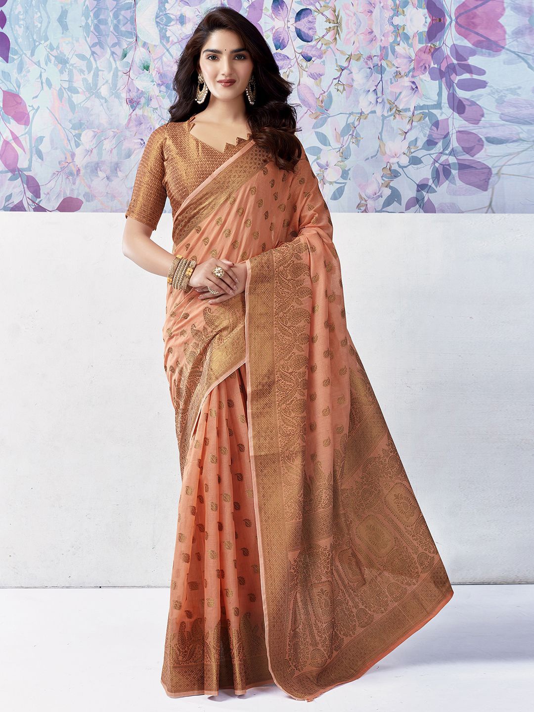 

Mitera Ethnic Motifs Woven Design Zari Silk Cotton Banarasi Saree, Peach