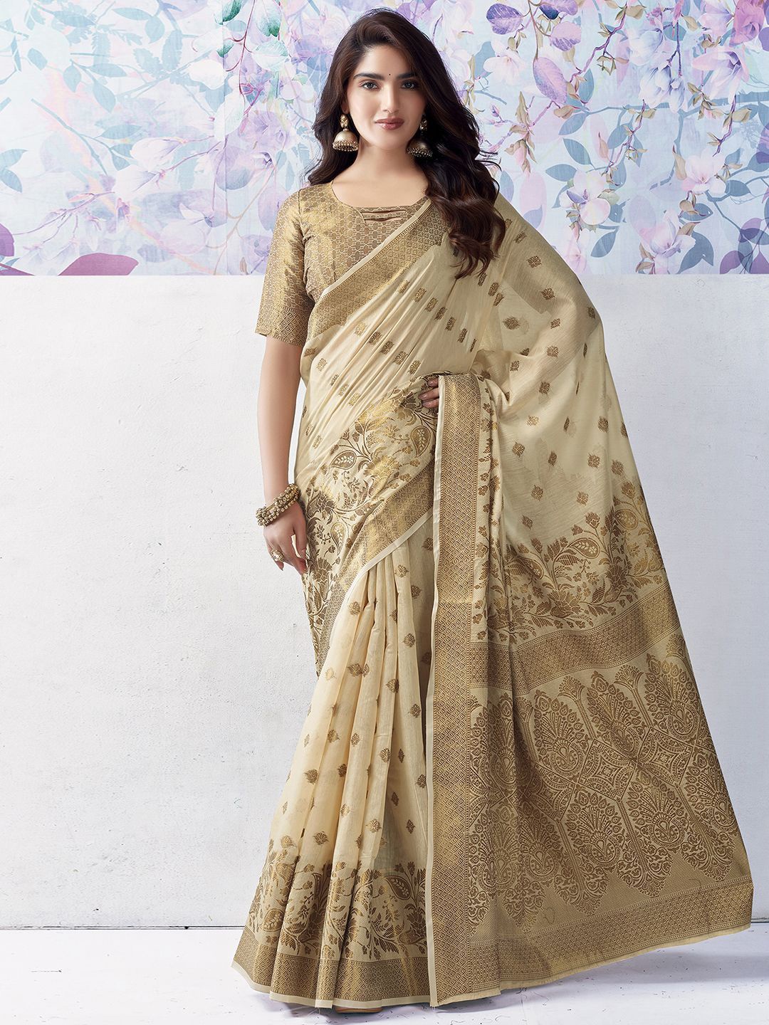 

Mitera Ethnic Motifs Woven Design Zari Silk Cotton Banarasi Saree, Beige